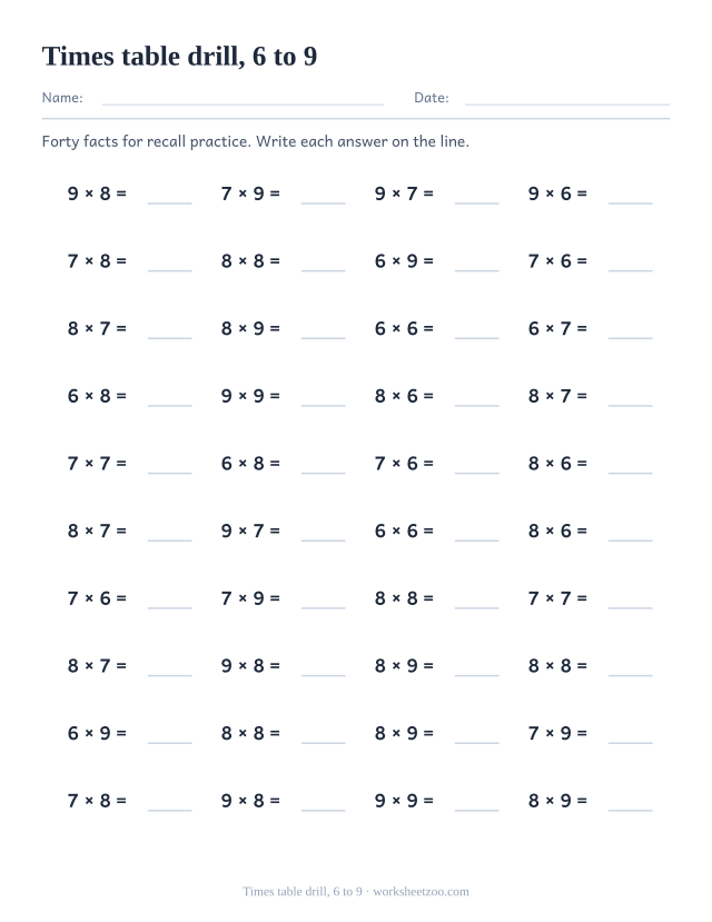 Timed multiplication drill worksheet with 40 facts from the harder 6 to 9 tables