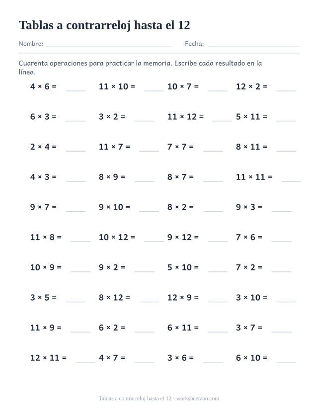 Ficha de tablas a contrarreloj con 40 multiplicaciones de las tablas hasta el 12