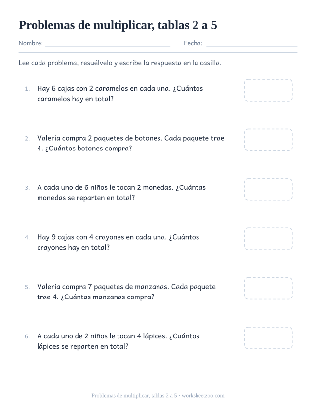 Ficha de problemas de multiplicar con las tablas del 2 al 5 y situaciones de grupos iguales