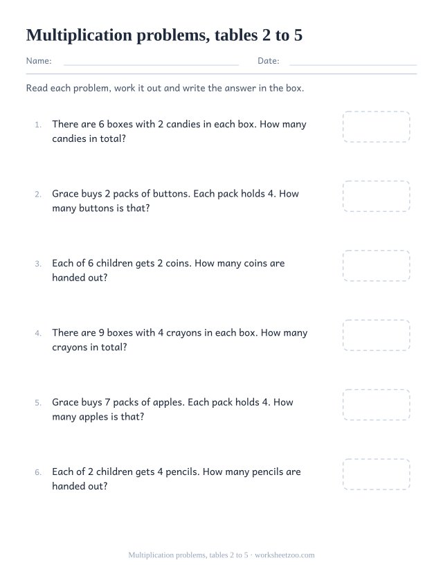 Multiplication word problems worksheet using the 2 to 5 times tables with equal groups stories