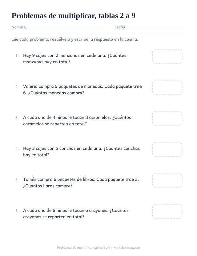 Ficha de problemas de multiplicar que usa las tablas del 2 al 9