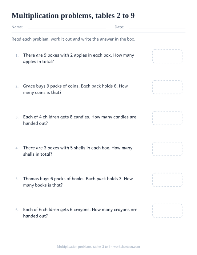 Multiplication word problems worksheet drawing on the 2 to 9 times tables