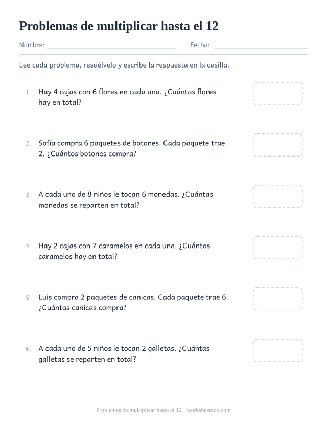 Ficha de problemas de multiplicar que cubre las tablas completas hasta el doce