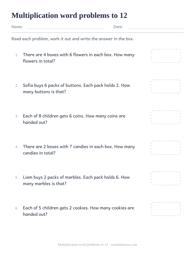 Multiplication word problems worksheet covering the full times tables up to twelve