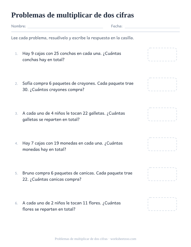 Ficha de problemas de multiplicar con grupos de dos cifras para practicar la multiplicación escrita