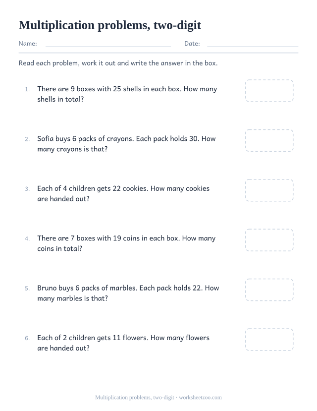 Multiplication word problems worksheet with two-digit groups for written multiplication practice
