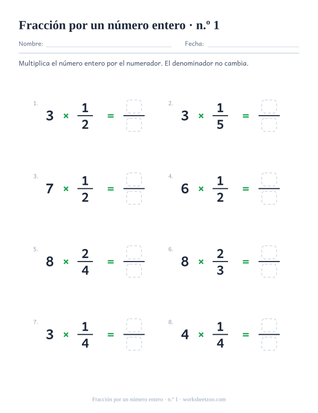 Ficha para multiplicar una fracción por un número entero con denominadores pequeños
