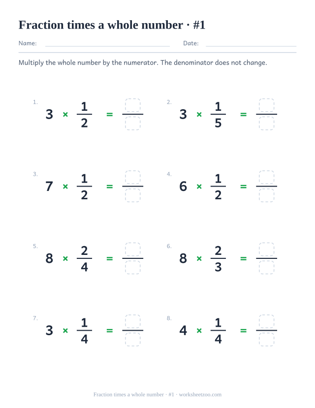 Worksheet for multiplying a fraction by a whole number with small denominators
