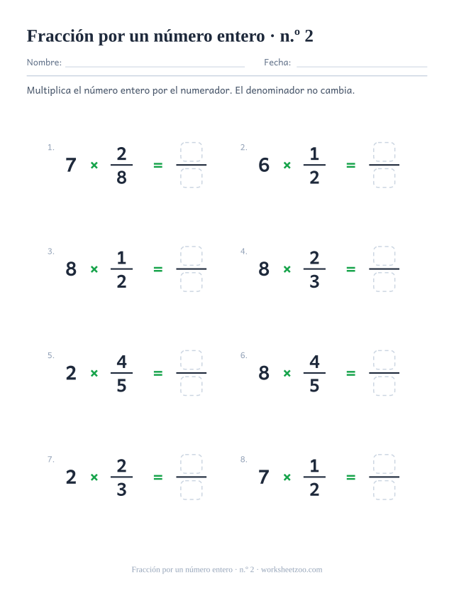Ficha para multiplicar fracciones por enteros con denominadores hasta ocho