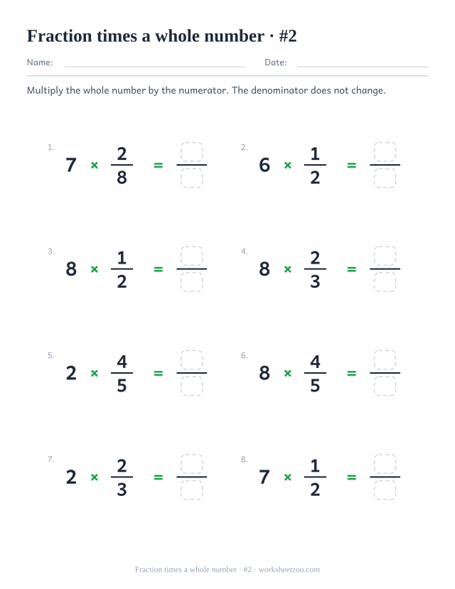 Worksheet for multiplying fractions by whole numbers with denominators up to eight