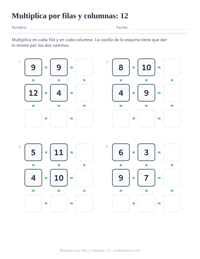 Ficha de cuadros de multiplicar con las tablas completas hasta el 12