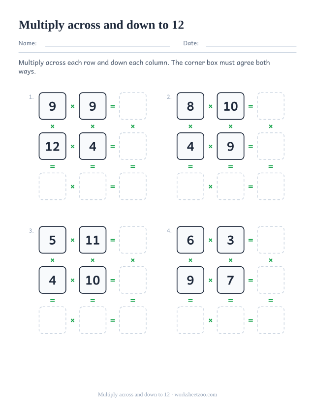 Multiplication grid puzzle worksheet using the full tables to 12