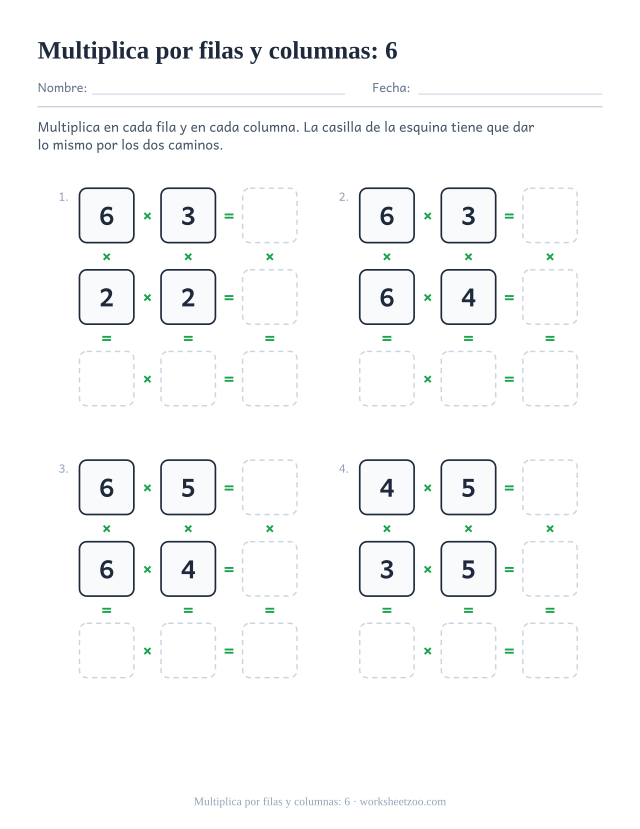 Ficha de cuadros de multiplicar con factores hasta el 6 y productos por filas y columnas