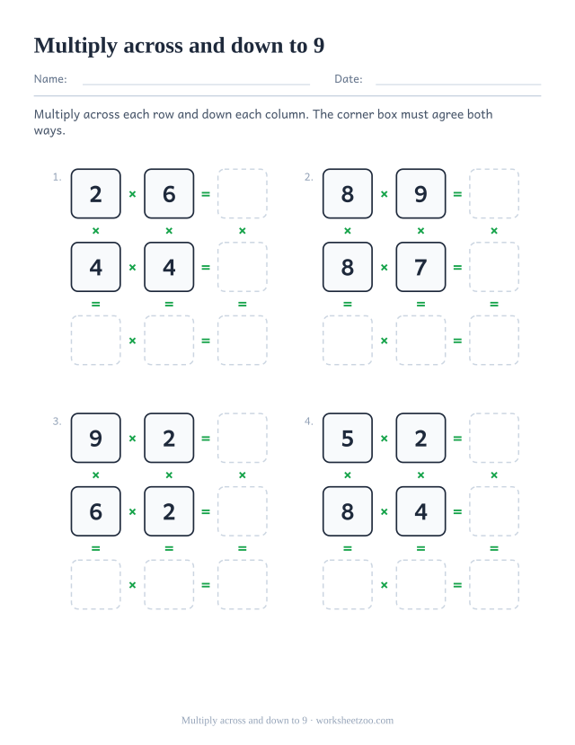 Multiplication grid puzzle worksheet with factors up to 9 and six products to find per puzzle