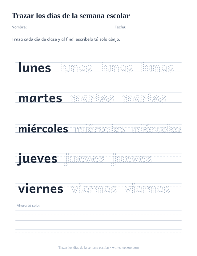 Ficha de trazado con los cinco días de clase sobre pautas de escritura