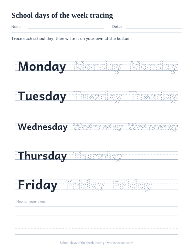 Tracing worksheet with the five school days written on handwriting guides