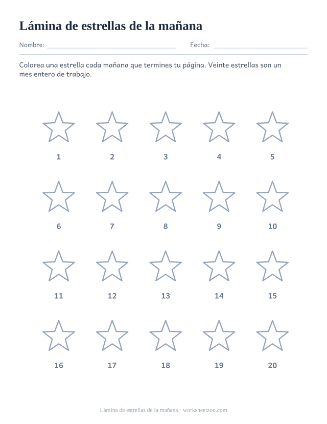 Lámina de progreso con veinte estrellas para colorear, una por página terminada