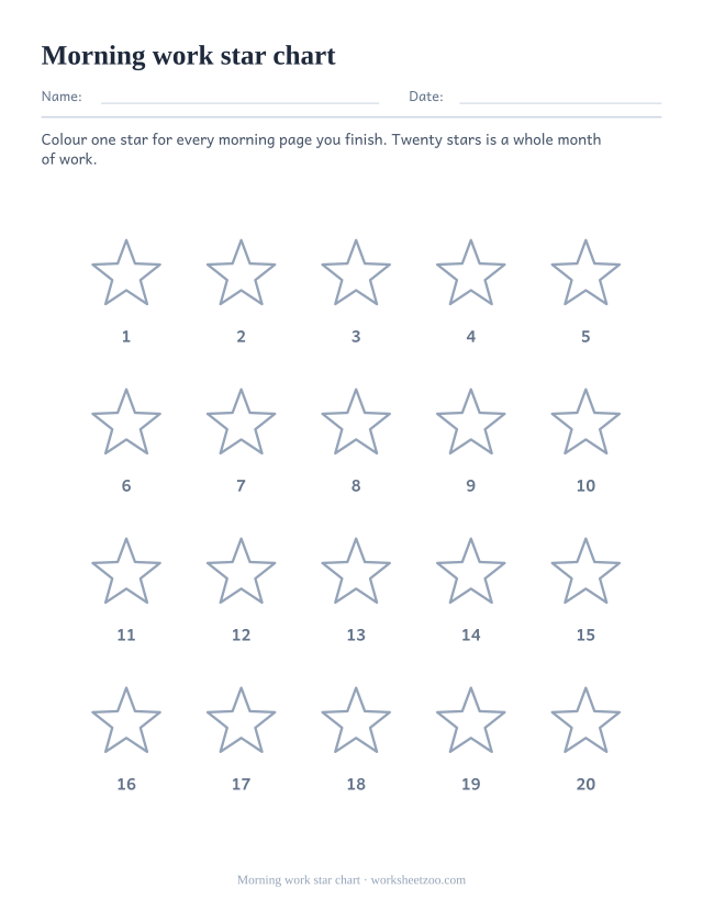 Progress chart with twenty outlined stars to colour, one per finished morning page