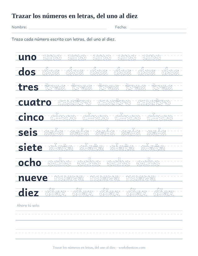 Ficha de trazado con los números escritos con letras del uno al diez