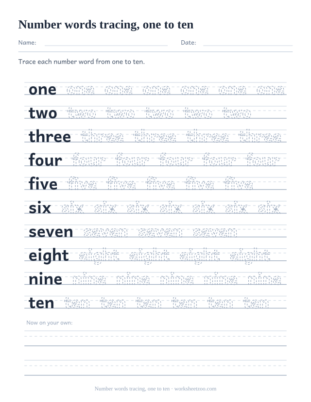 Tracing worksheet with the number words from one to ten on handwriting guides