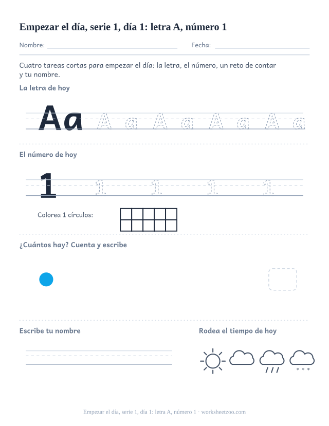Página de trabajo de la mañana del día 1 de la serie 1 con la letra A para trazar, el número 1 en marco de diez, una tarea de matemáticas, nombre y tiempo