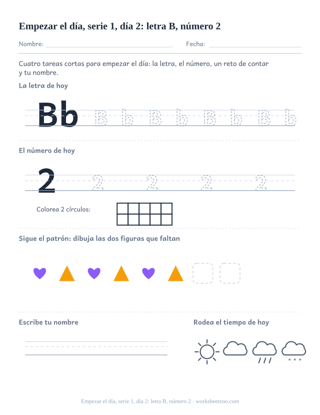 Página de trabajo de la mañana del día 2 de la serie 1 con la letra B para trazar, el número 2 en marco de diez, una tarea de matemáticas, nombre y tiempo