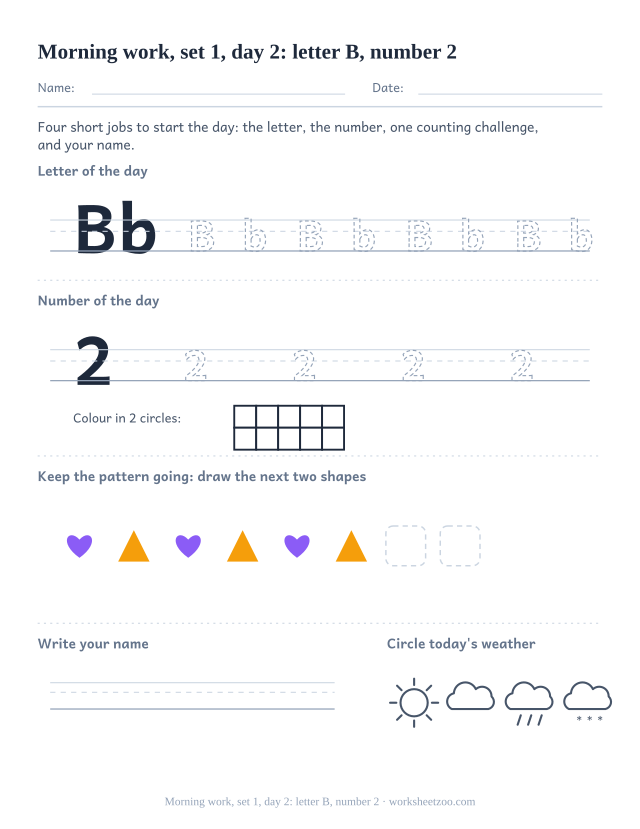 Kindergarten morning work page for day 2 of set 1 with letter B tracing, number 2 ten frame, a pattern task, name writing and weather