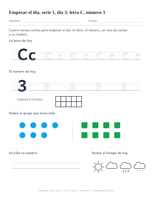 Página de trabajo de la mañana del día 3 de la serie 1 con la letra C para trazar, el número 3 en marco de diez, una tarea de matemáticas, nombre y tiempo
