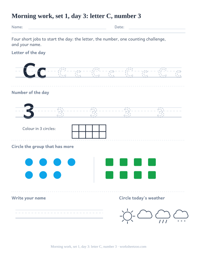 Kindergarten morning work page for day 3 of set 1 with letter C tracing, number 3 ten frame, a compare task, name writing and weather