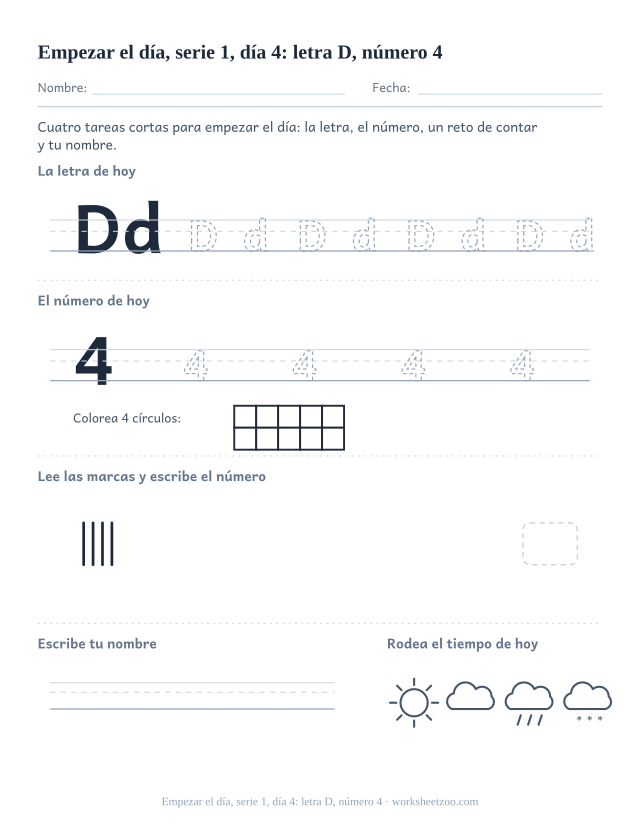 Página de trabajo de la mañana del día 4 de la serie 1 con la letra D para trazar, el número 4 en marco de diez, una tarea de matemáticas, nombre y tiempo
