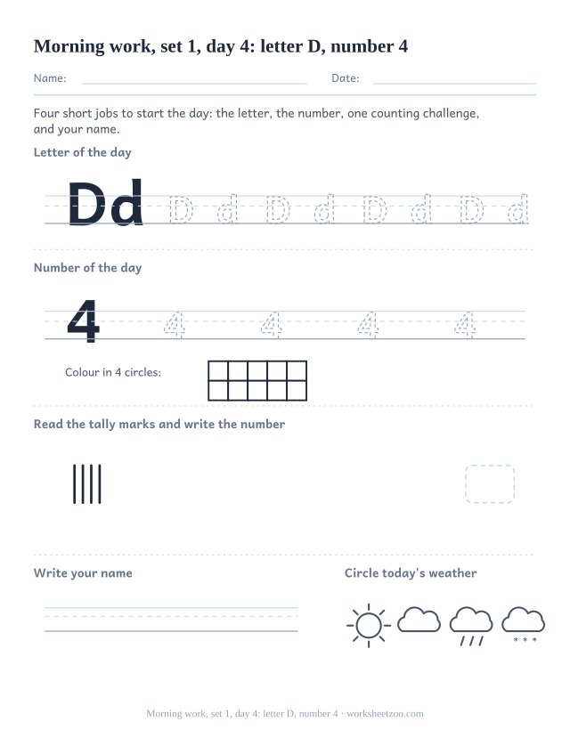 Kindergarten morning work page for day 4 of set 1 with letter D tracing, number 4 ten frame, a tally task, name writing and weather