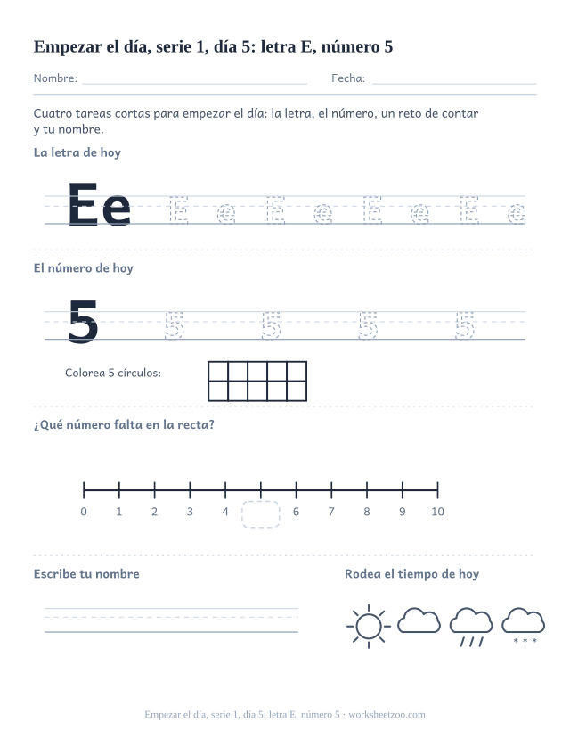 Página de trabajo de la mañana del día 5 de la serie 1 con la letra E para trazar, el número 5 en marco de diez, una tarea de matemáticas, nombre y tiempo