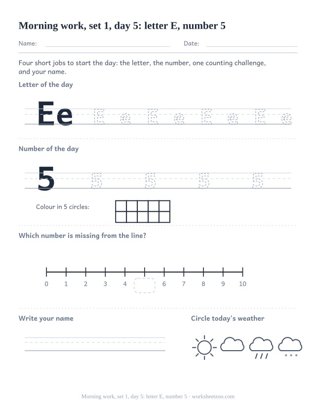 Kindergarten morning work page for day 5 of set 1 with letter E tracing, number 5 ten frame, a line task, name writing and weather