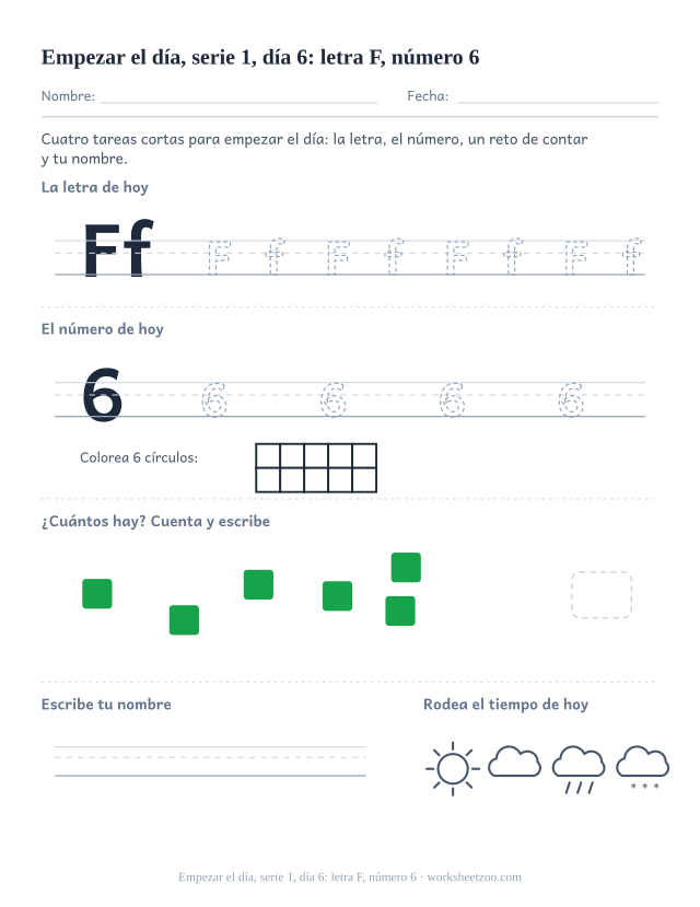Página de trabajo de la mañana del día 6 de la serie 1 con la letra F para trazar, el número 6 en marco de diez, una tarea de matemáticas, nombre y tiempo