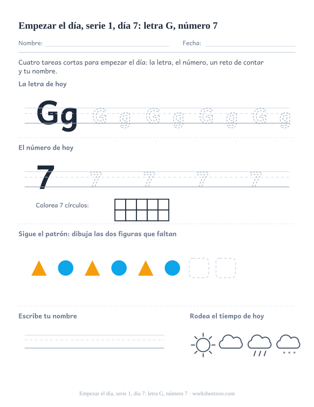 Página de trabajo de la mañana del día 7 de la serie 1 con la letra G para trazar, el número 7 en marco de diez, una tarea de matemáticas, nombre y tiempo