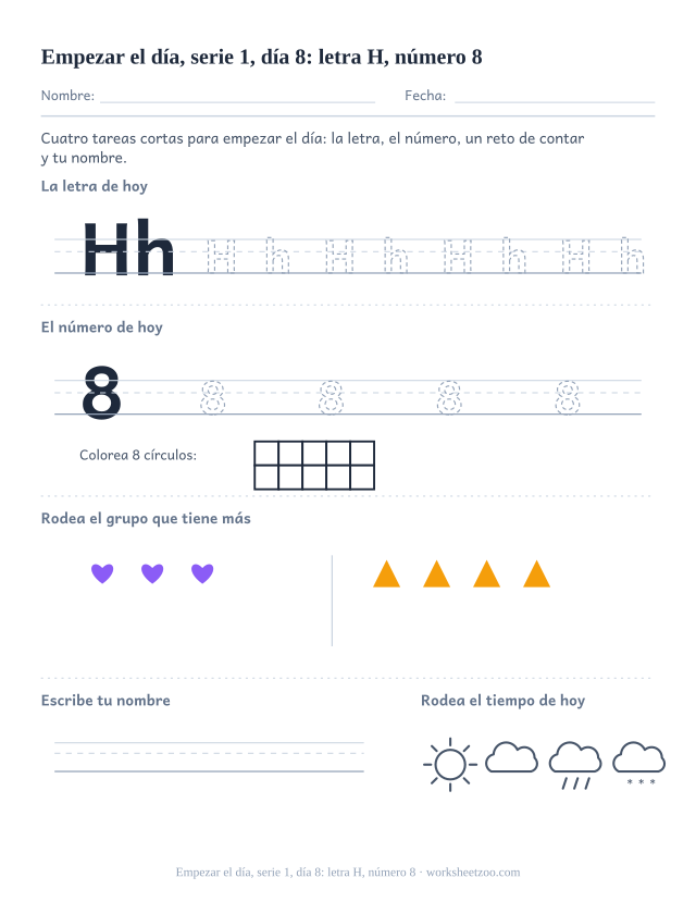 Página de trabajo de la mañana del día 8 de la serie 1 con la letra H para trazar, el número 8 en marco de diez, una tarea de matemáticas, nombre y tiempo