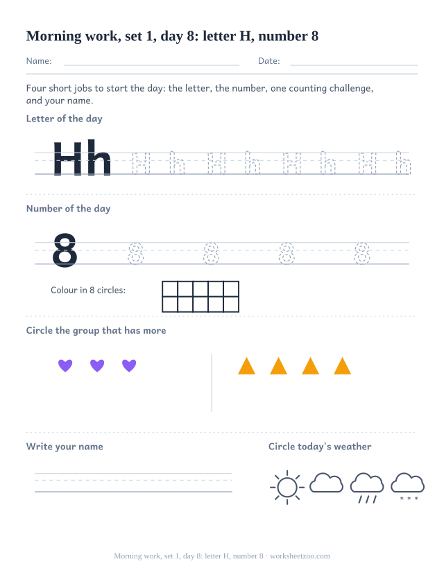 Kindergarten morning work page for day 8 of set 1 with letter H tracing, number 8 ten frame, a compare task, name writing and weather