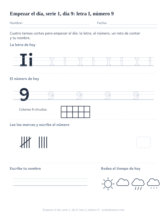 Página de trabajo de la mañana del día 9 de la serie 1 con la letra I para trazar, el número 9 en marco de diez, una tarea de matemáticas, nombre y tiempo