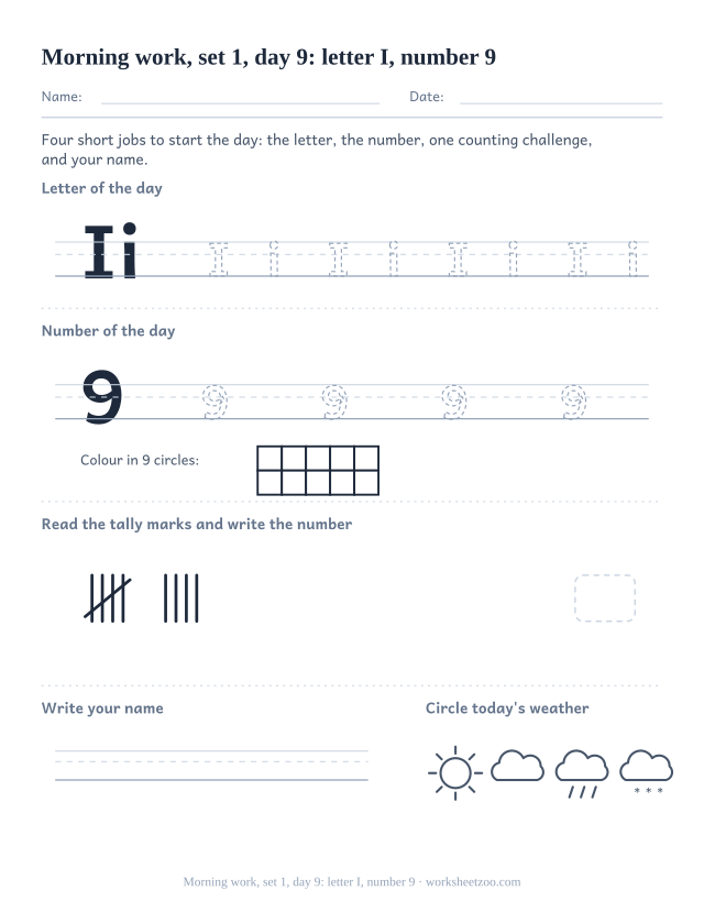Kindergarten morning work page for day 9 of set 1 with letter I tracing, number 9 ten frame, a tally task, name writing and weather