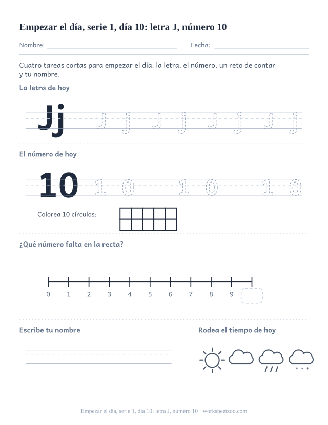 Página de trabajo de la mañana del día 10 de la serie 1 con la letra J para trazar, el número 10 en marco de diez, una tarea de matemáticas, nombre y tiempo
