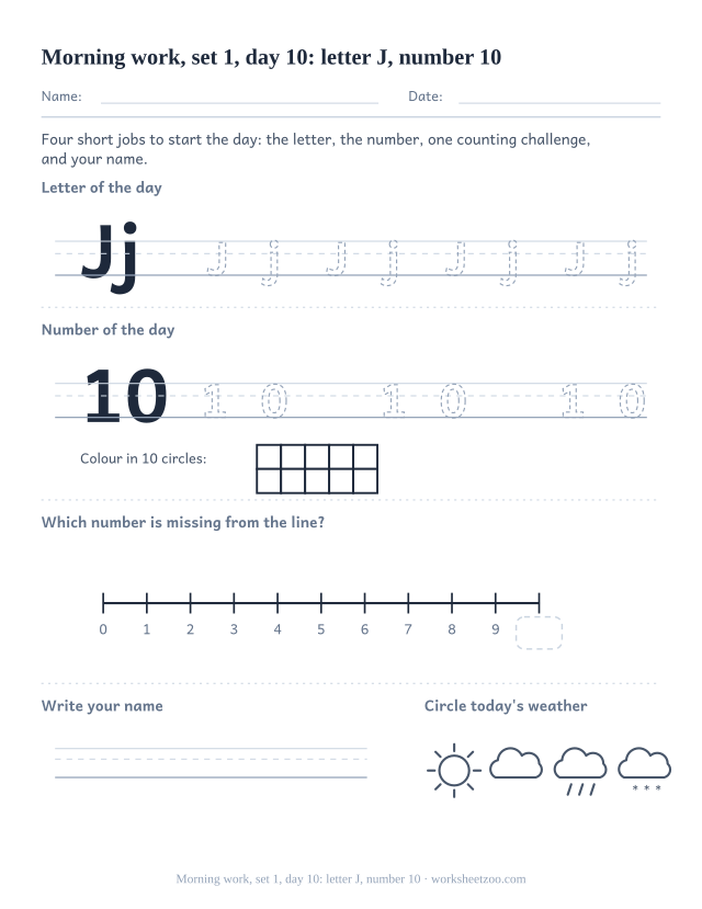 Kindergarten morning work page for day 10 of set 1 with letter J tracing, number 10 ten frame, a line task, name writing and weather
