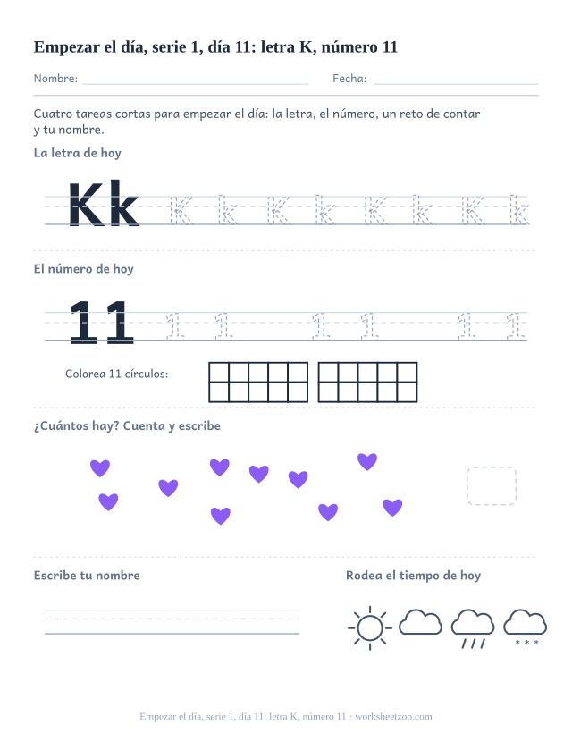Página de trabajo de la mañana del día 11 de la serie 1 con la letra K para trazar, el número 11 en marco de diez, una tarea de matemáticas, nombre y tiempo