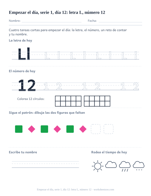 Página de trabajo de la mañana del día 12 de la serie 1 con la letra L para trazar, el número 12 en marco de diez, una tarea de matemáticas, nombre y tiempo