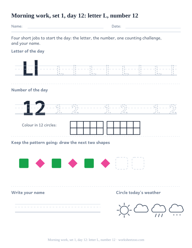 Kindergarten morning work page for day 12 of set 1 with letter L tracing, number 12 ten frame, a pattern task, name writing and weather