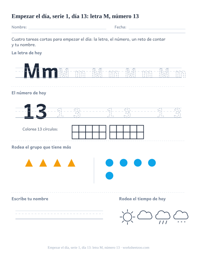 Página de trabajo de la mañana del día 13 de la serie 1 con la letra M para trazar, el número 13 en marco de diez, una tarea de matemáticas, nombre y tiempo