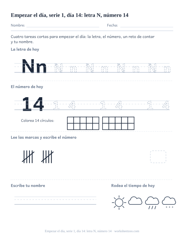 Página de trabajo de la mañana del día 14 de la serie 1 con la letra N para trazar, el número 14 en marco de diez, una tarea de matemáticas, nombre y tiempo