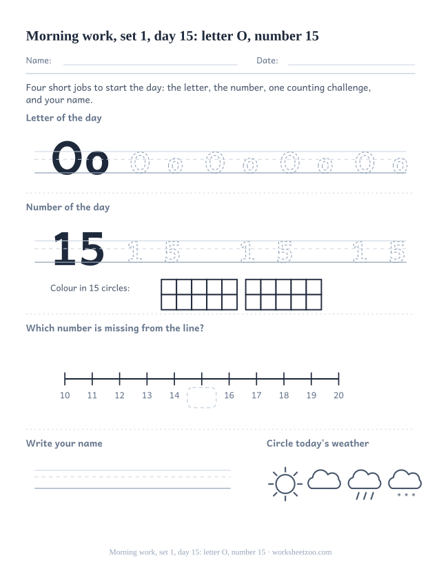 Kindergarten morning work page for day 15 of set 1 with letter O tracing, number 15 ten frame, a line task, name writing and weather