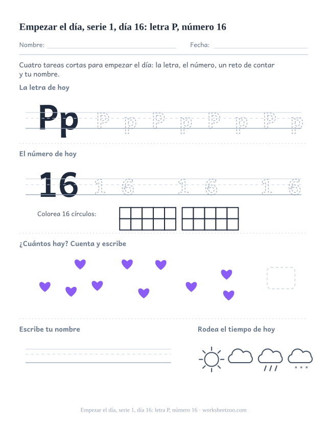 Página de trabajo de la mañana del día 16 de la serie 1 con la letra P para trazar, el número 16 en marco de diez, una tarea de matemáticas, nombre y tiempo