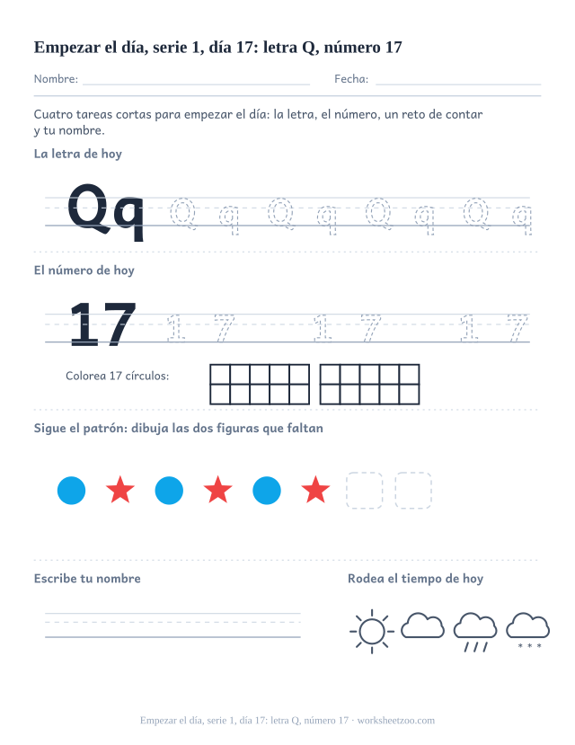 Página de trabajo de la mañana del día 17 de la serie 1 con la letra Q para trazar, el número 17 en marco de diez, una tarea de matemáticas, nombre y tiempo