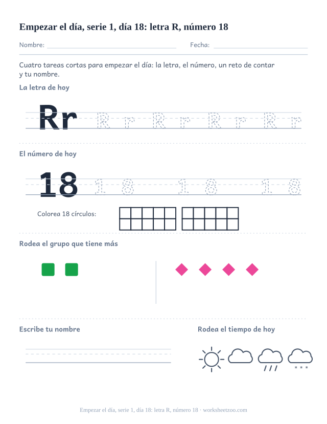 Página de trabajo de la mañana del día 18 de la serie 1 con la letra R para trazar, el número 18 en marco de diez, una tarea de matemáticas, nombre y tiempo